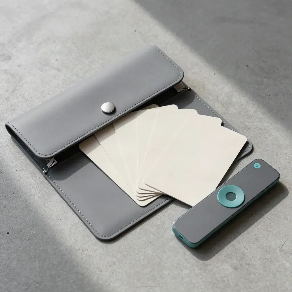 Opened maths video pack sleeve with blank cards and a small remote on concrete.