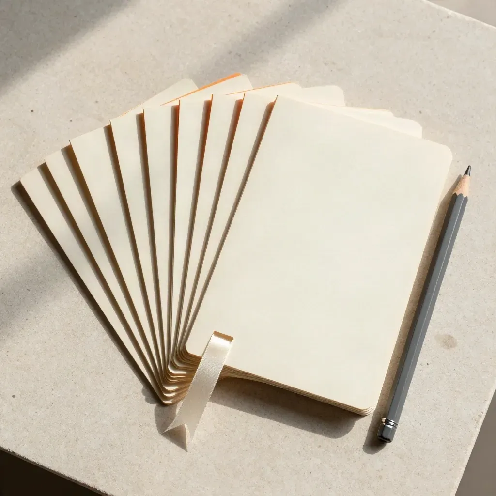 Overhead flat lay of reading comprehension cards, ribbon and pencil on pale stone