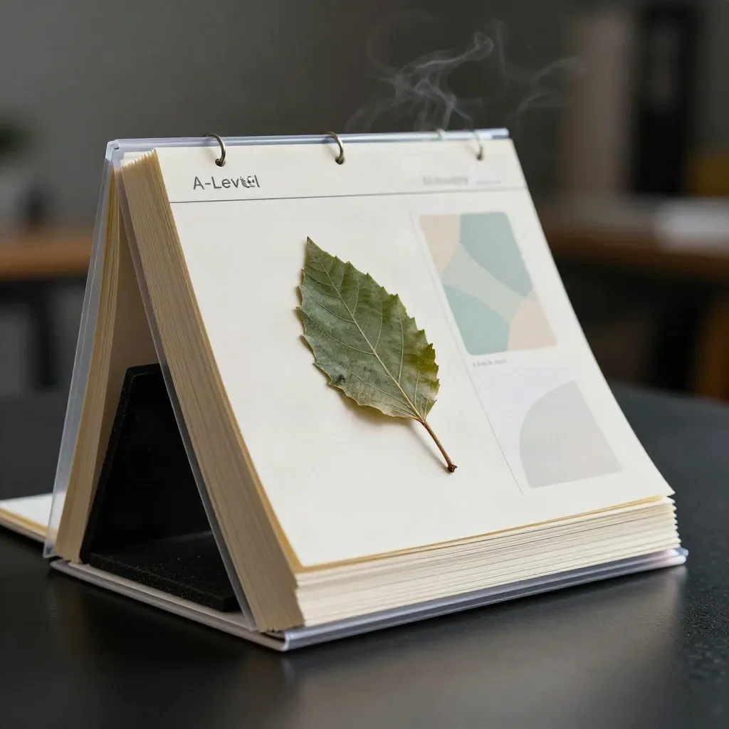 Upright A-Level Biology notes bundle with leaf specimen and translucent dividers on a dark studio surface.