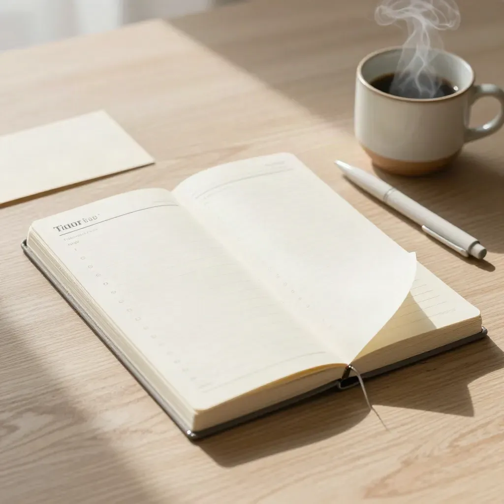 Planner sheets pad, pen and steaming cup on pale wood, overhead with soft daylight.
