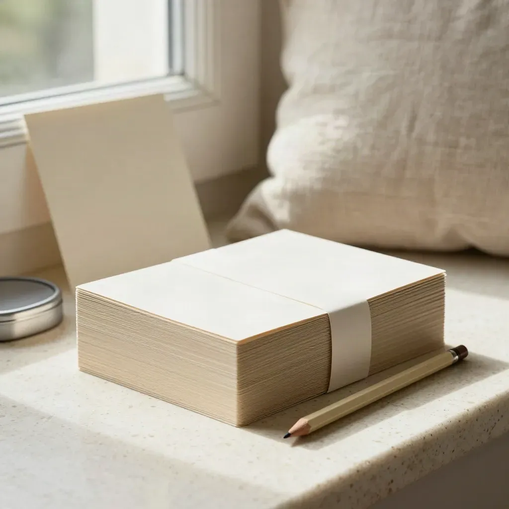 Primary English study pack with cards and pencil tin on a travertine window seat