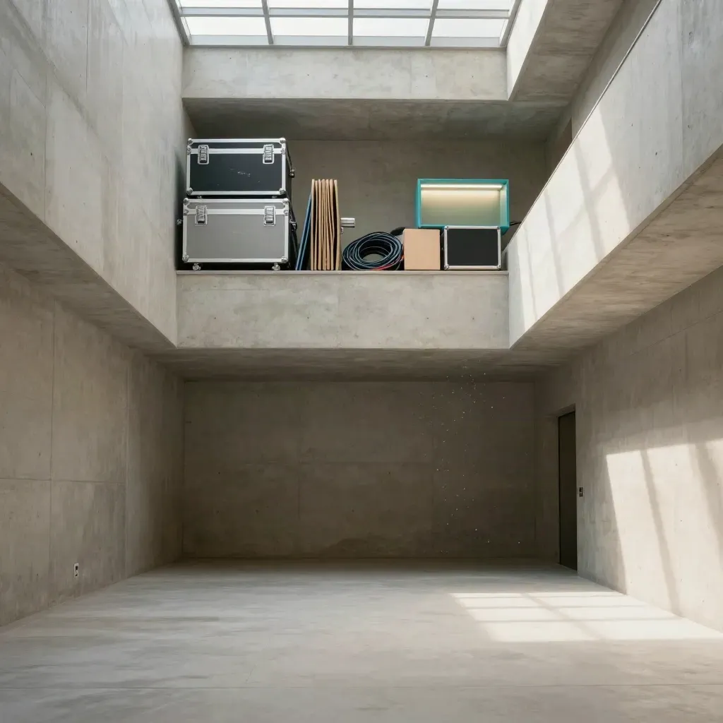 Sunlit concrete atrium corridor with a teal-accented equipment alcove